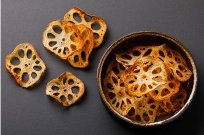 Spicy Lotus Root Chips in Salted Egg Yolk Sauce